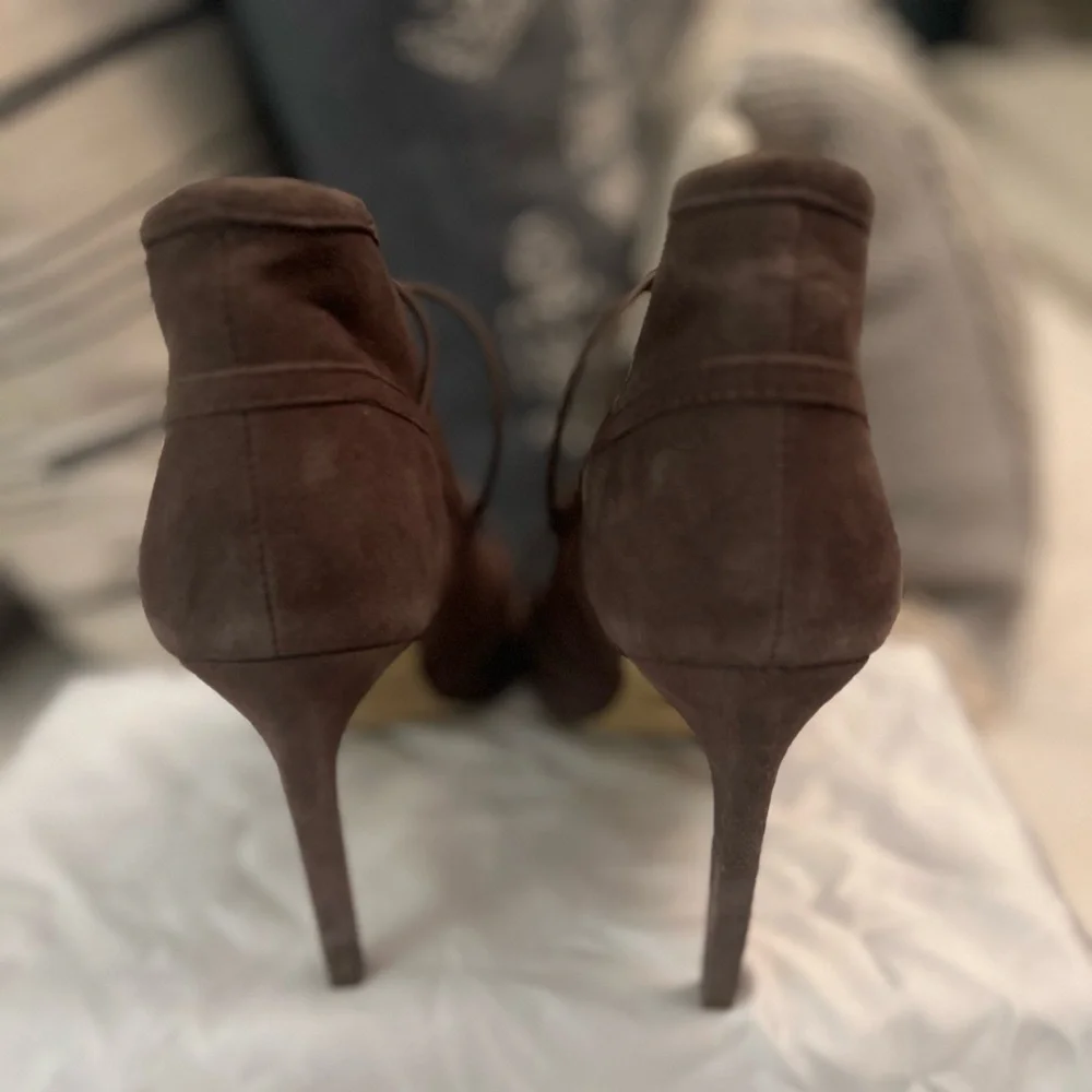 BCBG Suede Caged Open Toe Bootie